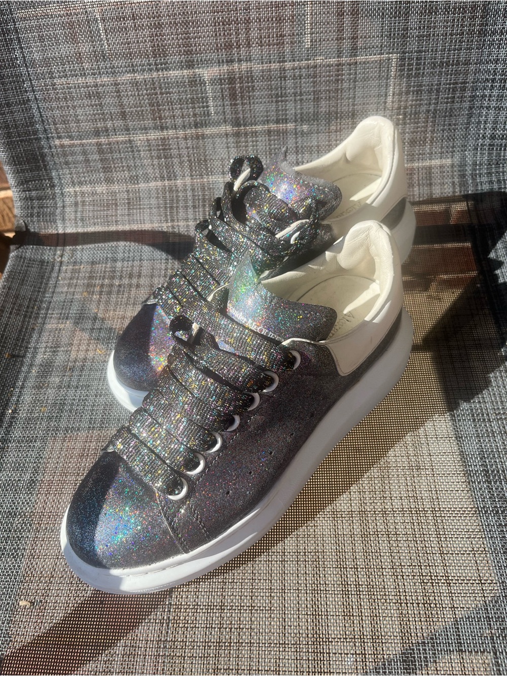 Alexander McQueen Iridescent Black Glitter Platform Sneakers with White Heel